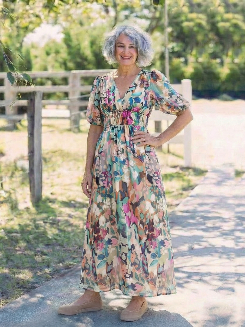 Eulalie | V Neck Short Sleeve Gathered Waist Midi Dress
