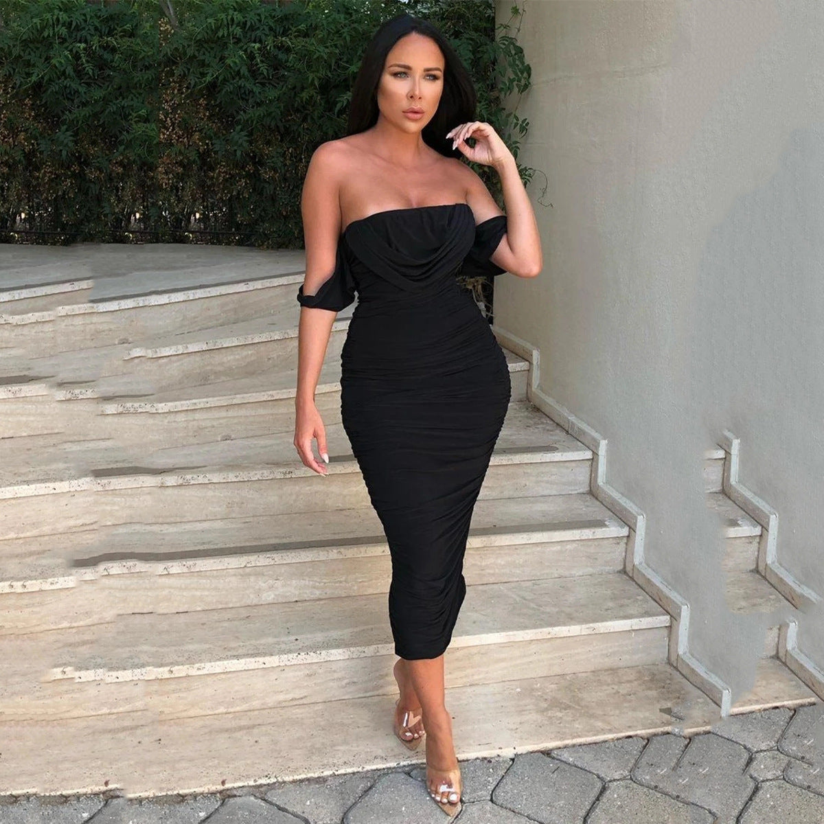 KLITI™ - Elegant Off-Shoulder Ruched Bodycon Midi Party Dress