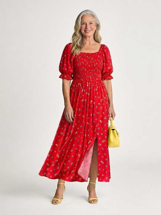 Delphine | Square Neck Floral Puff Sleeve Midi Dress