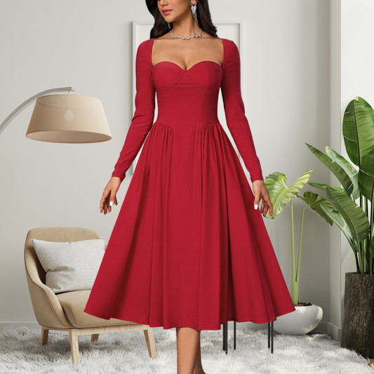 AKILA™ - Elegant Heart Neckline Long Sleeve A-Line Maxi Dress