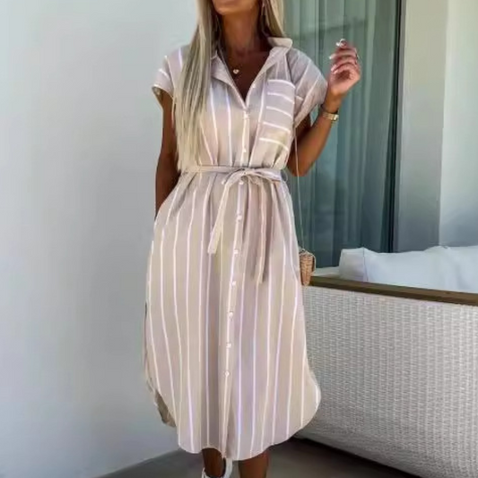 FLORIBETH™ – Comfy Striped Belted Casual Midi Dress