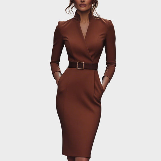 Hayden Lume | Refined Dress With Belt And Mandarin Collar