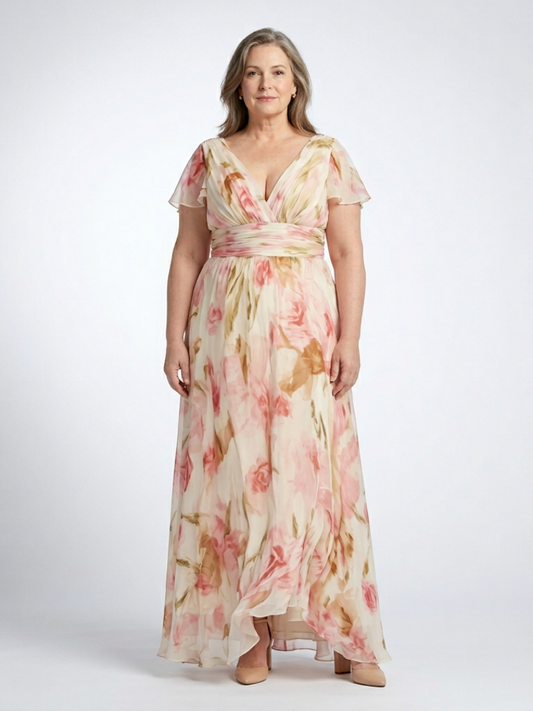 Elara | V Neck Short Sleeve Floral Maxi Dress