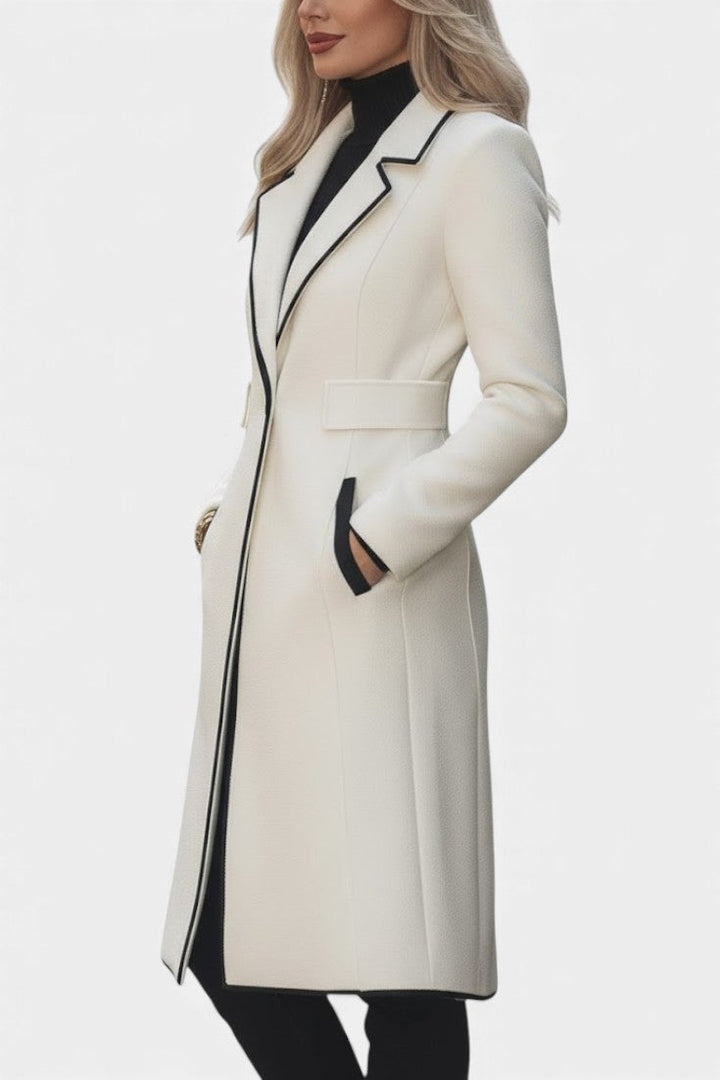 Hayden Aryana | Chic Long White Coat with Contrasting Details