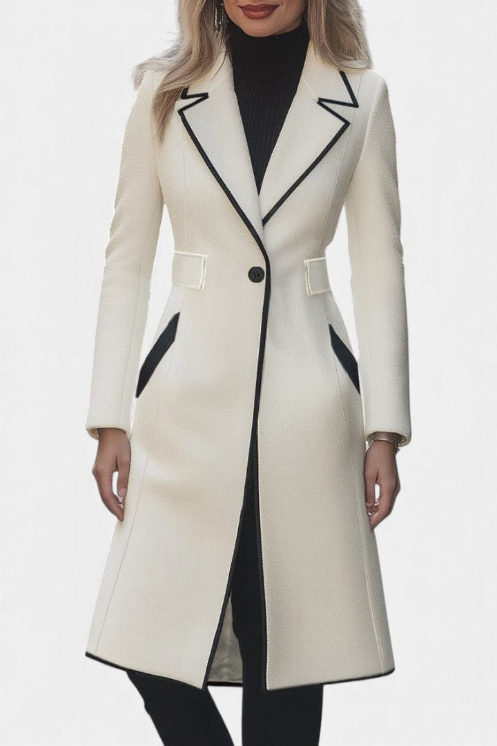 Hayden Aryana | Chic Long White Coat with Contrasting Details