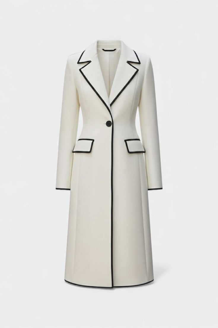Hayden Aryana | Chic Long White Coat with Contrasting Details