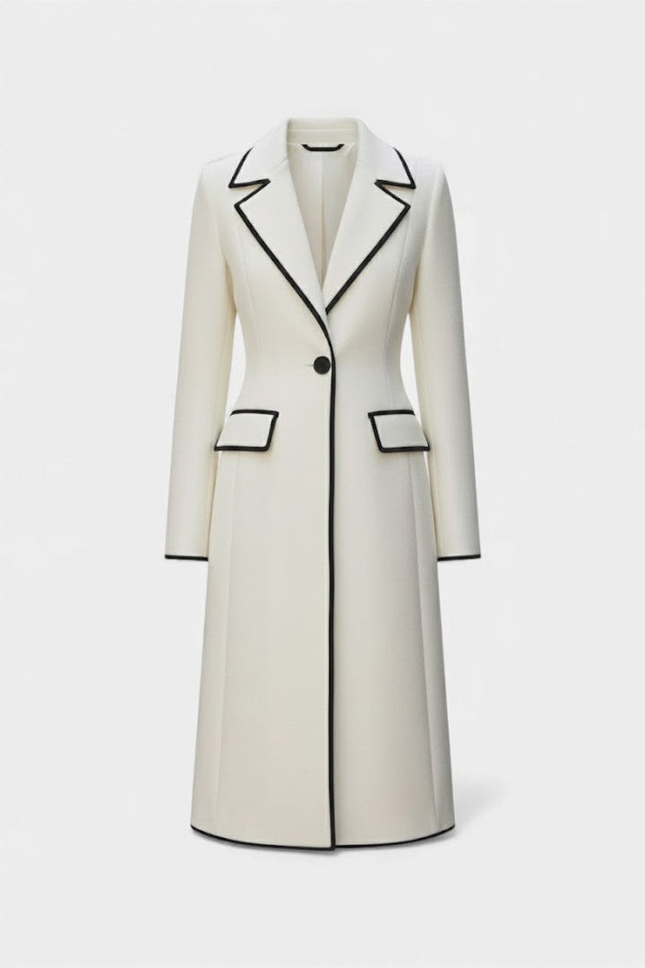 Hayden Aryana | Chic Long White Coat with Contrasting Details