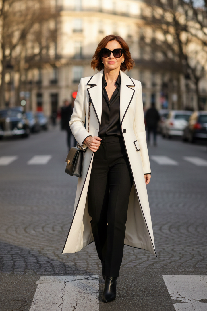 Hayden Aryana | Chic Long White Coat with Contrasting Details